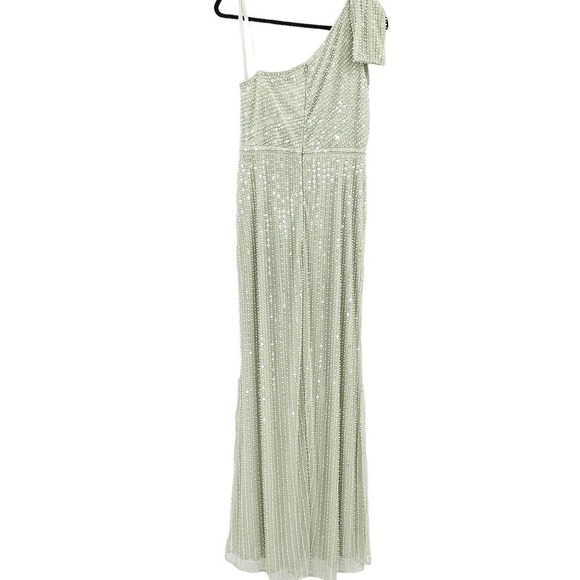 Mac Duggal Pearl Embellished Soft Tie One Shoulder Gown Mint Green Size 10 NWOT - Picture 8 of 12